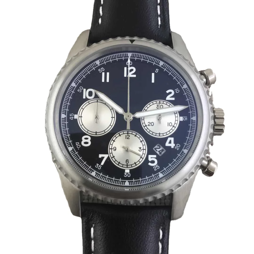 

High-end Men's Quartz Chronograph Watch Silver Black Blue Leather White Dial Sapphire Glass