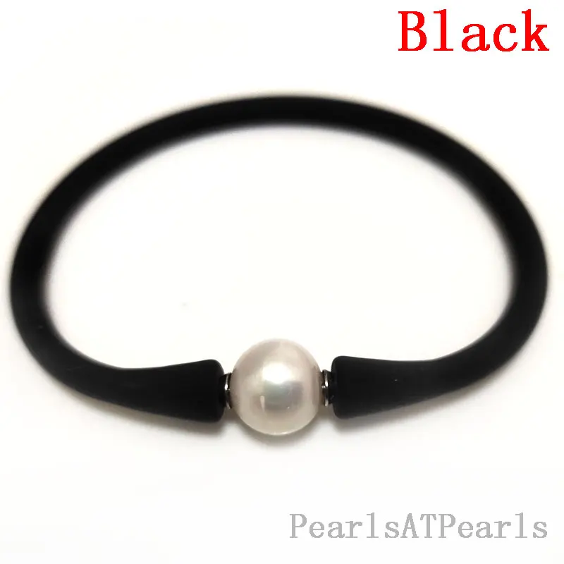

7.5 inches 10-11mm One AA White Natural Round Pearl Black Elastic Rubber Silicone Bracelet For Women