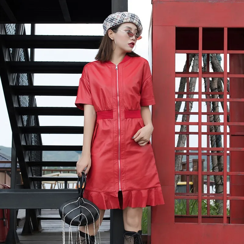

Harajuku Zipper Women Ruffles Genuine Leather Dress Ladies Streetwear Black Red Sheepskin Real Leather High Waist Pleated Dress