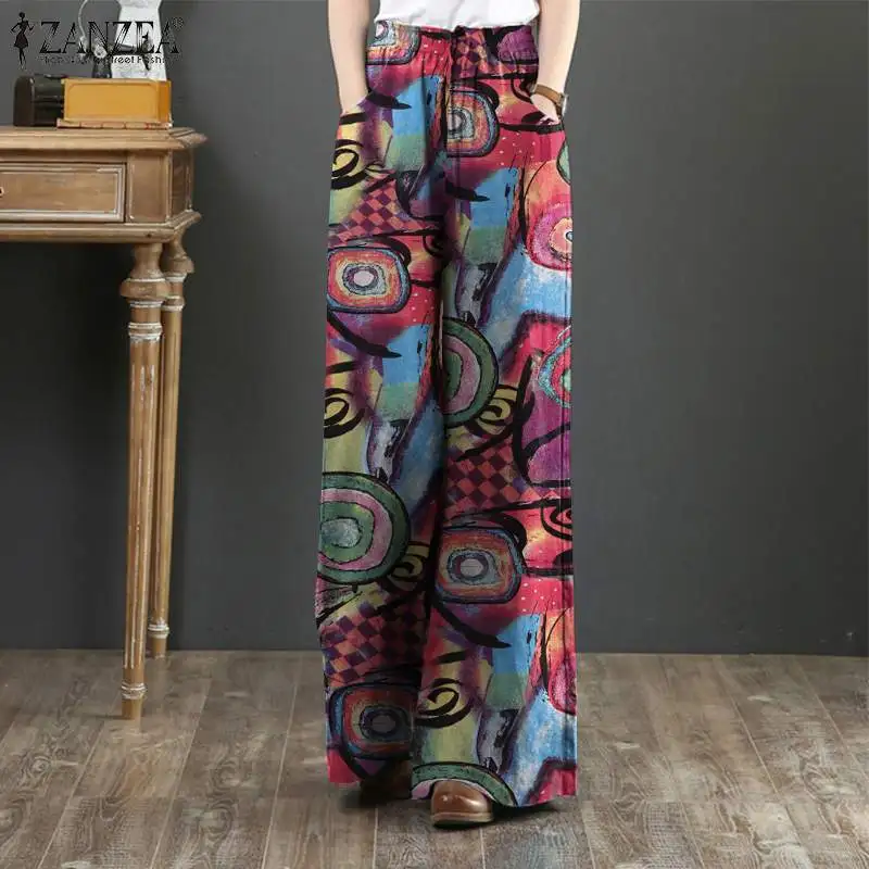 

ZANZEA Women Autumn Work Palazzo Bohemian Cotton Trouser Retro Baggy Elastic Waist Pantalon Vintage Wide Leg Long Overalls Pant