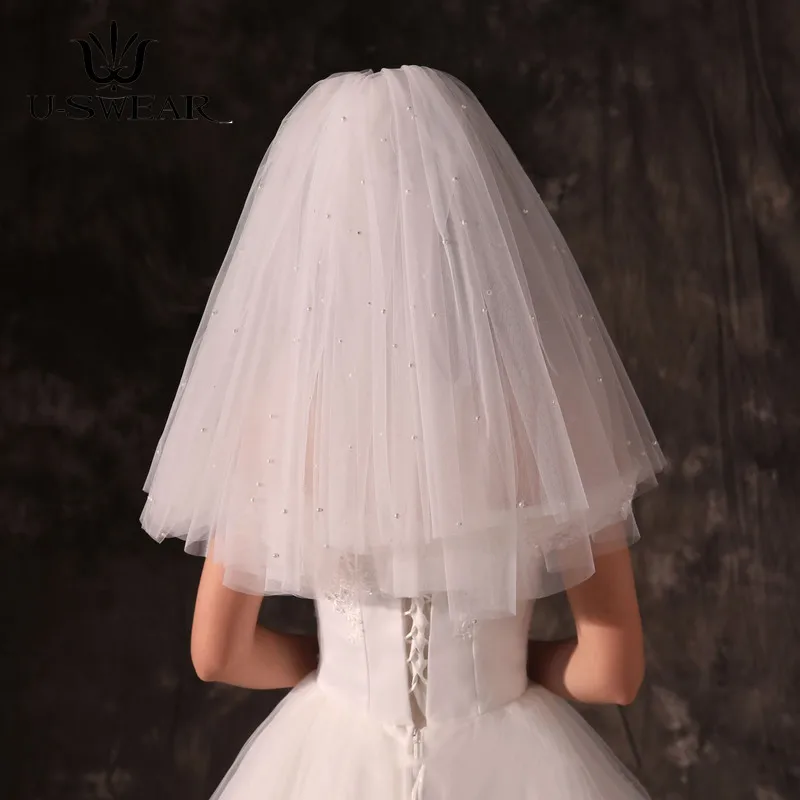 Короткая фата принцессы двухслойная с жемчугом металлической расческой для