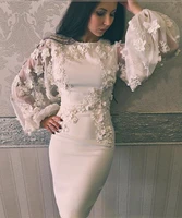 elegant short white straight prom dress 2021 hand made flowers lace appliques puff long sleeve knee length formal evening gowns
