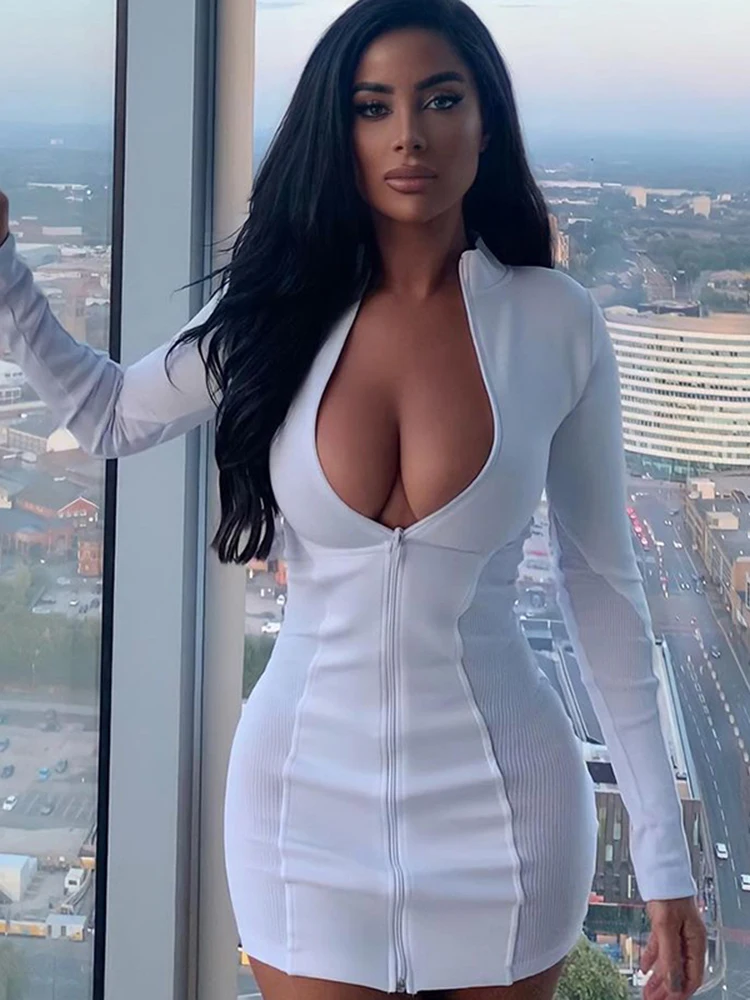 

Sisterlinda Summer Patchwork Bodycon Mini Dress Women 2022 Long Sleeve Zipper Skinny Trend Party Clubwear Skirts Female Outfits