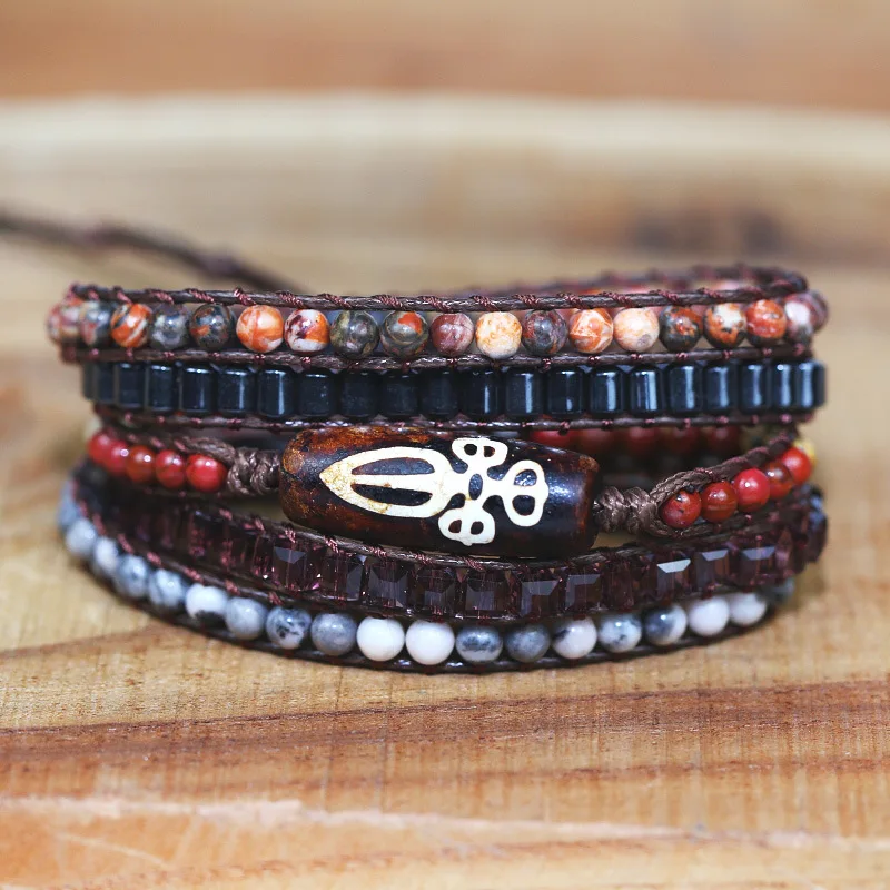 

2021 New Retro Handmade Agate Religious Pattern Bracelet Spiritual Energy Beaded Crystal Mixed Braided Bracelet