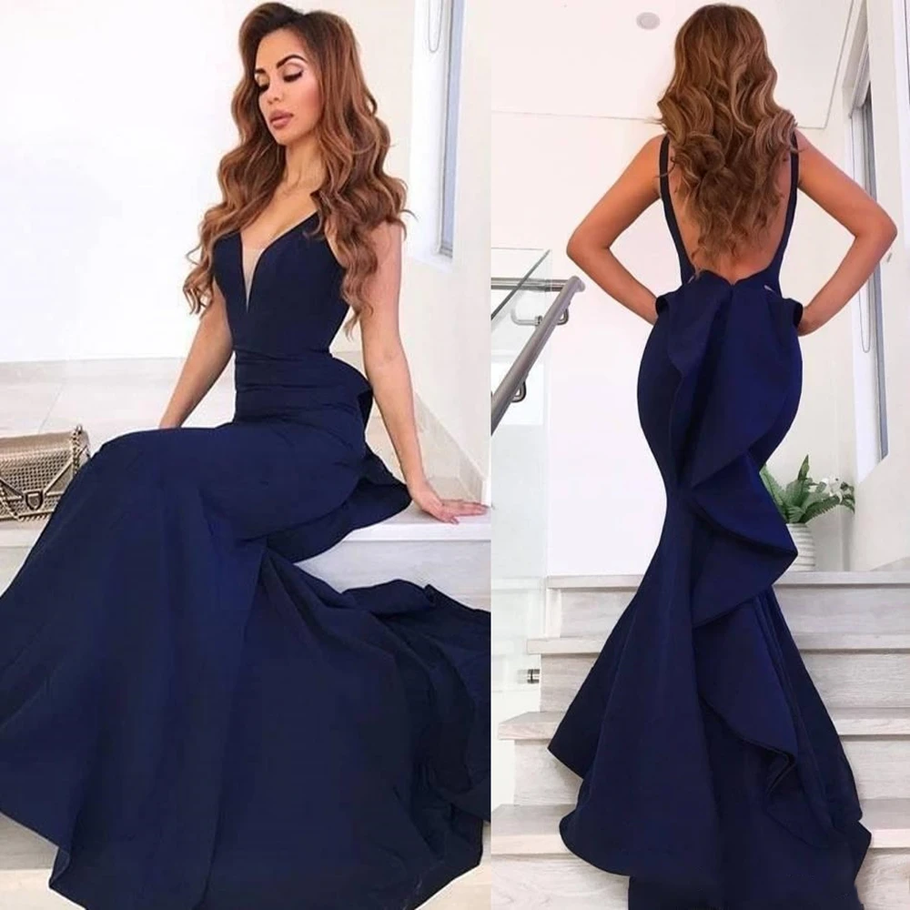 

2020 Charming Navy Blue Long Prom Dress Mermaid Open Back Formal Pageant Holidays Wear Graduation Evening Party Gown Custom Made
