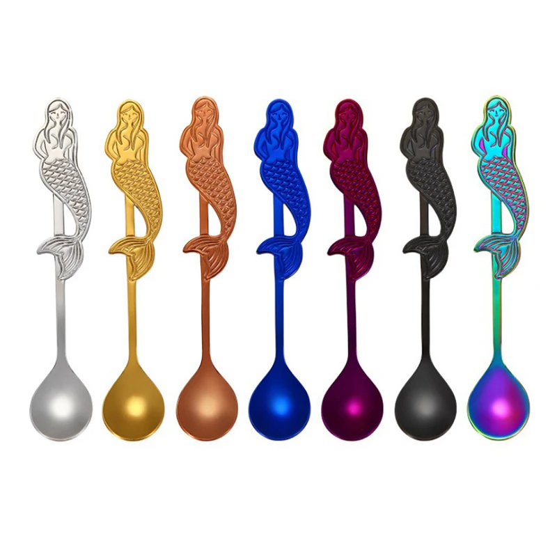 

Colorful Mermaid Coffee Spoon Long Handle 304 Stainless Steel Coffee Spoon Ice Cream Dessert Tea Spoon Kitchen Accessories QBMY