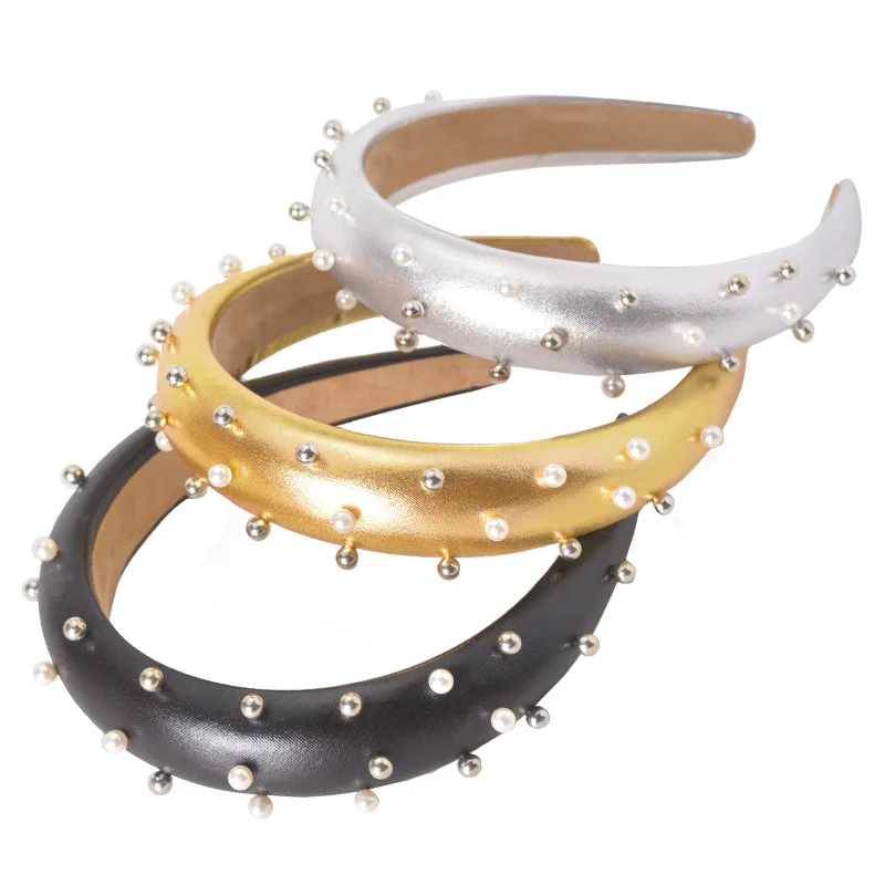 

New Solid Color Hair Hoop Headbands For Women Hair Accessories Padded Head Hoop Pearl PU Hair Band For Girls Sponge Headdress