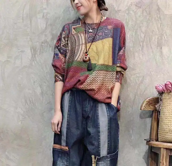 Национальный стиль 2019 осень и зима новый ретро свободный свитер с принтом