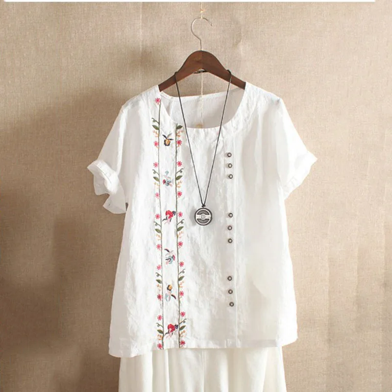 Винтажная Свободная Повседневная блузка из хлопка и льна с вышивкой |