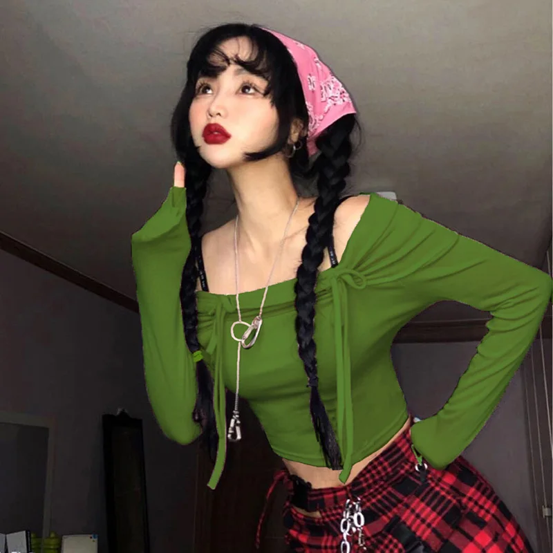 Облегающий укороченный топ с бантом и открытыми плечами зеленая тонкая женская