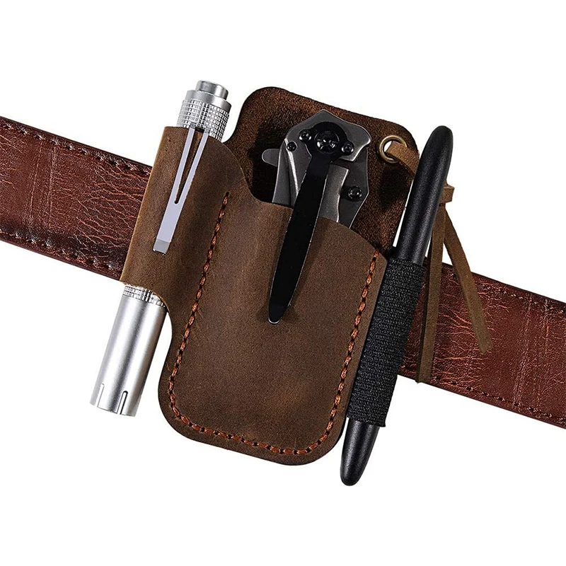 

NEW-Handmade Leather Sheath Folding Knife Flashlight Holder EDC Tool