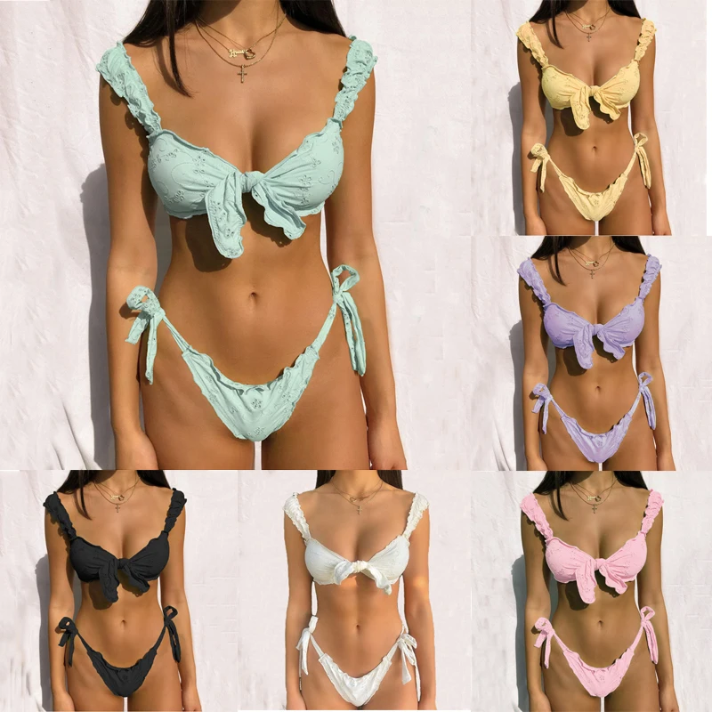 

Sexy Women Bikini Sets Solid Color Ruffled Swimwear Bathing Suits 2 Piece Split Push Up Bandage Beachwear Mujer Thong Biquini