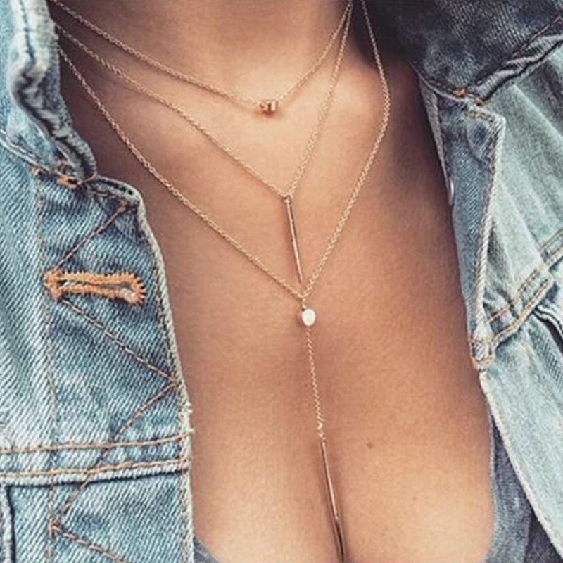 

Small Dot Metal Rod Hanging Rod Pendant 3 Layer Necklace for Women Stainless Steel Snake Chain Sweater Collar Party Jewelry