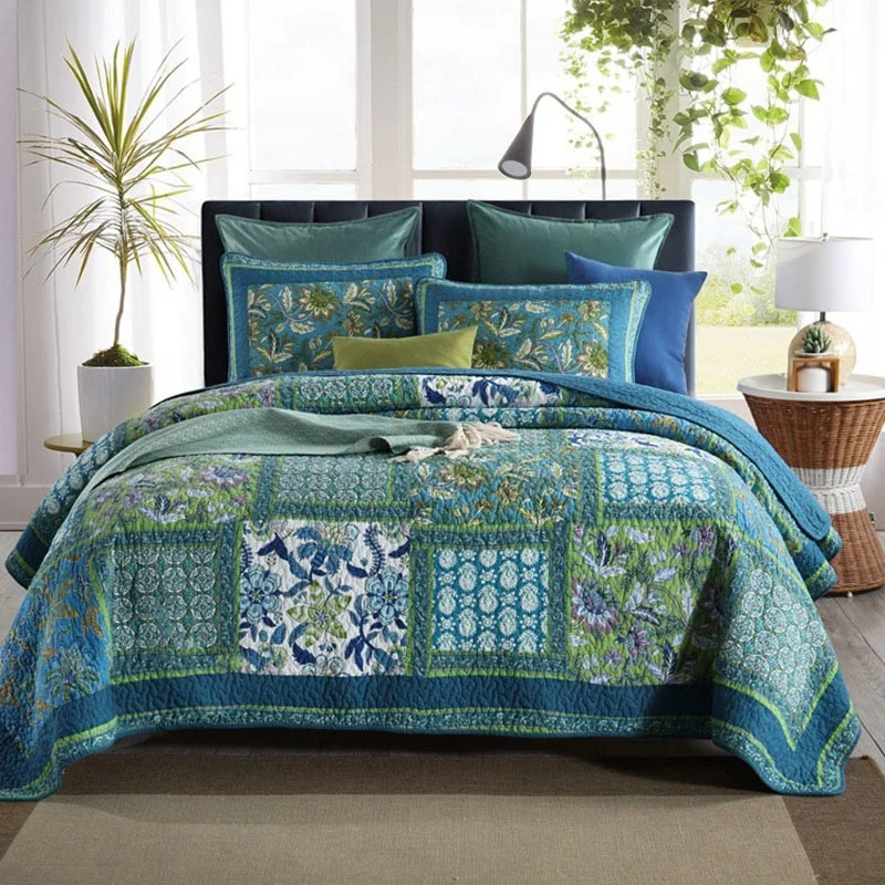 

Pastoral Style Bedspread on Bed Cotton Quilt Set 3PCS Quilted Double Blanket Patchwork Bed Cover Queen King Handmade Coverlets