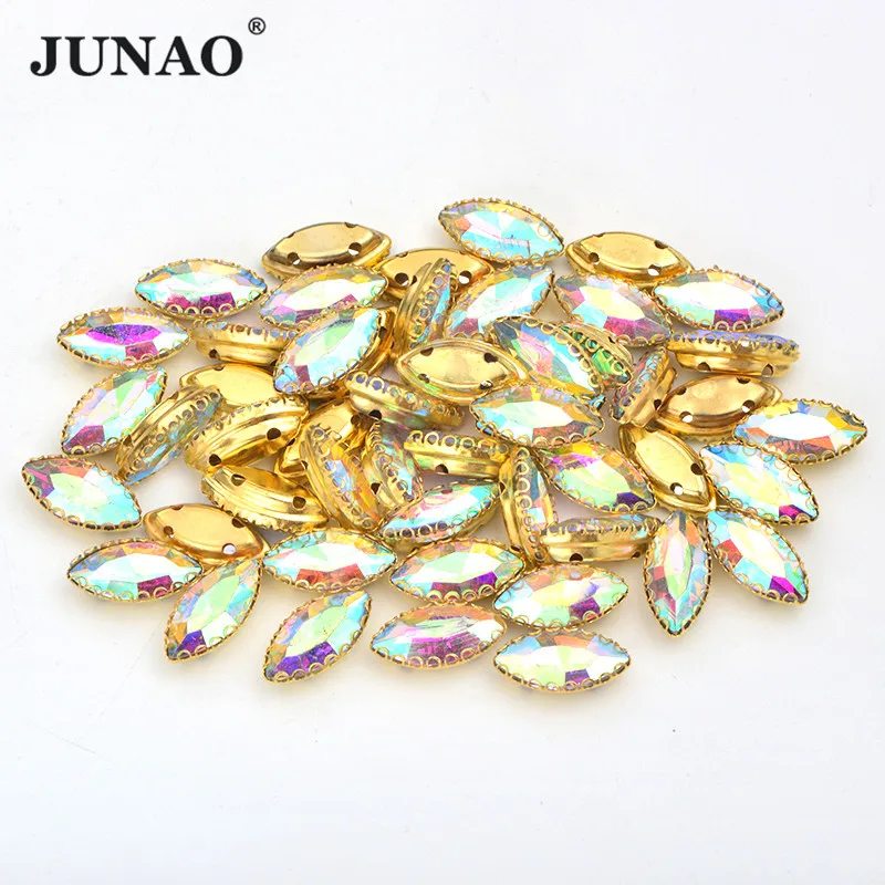 

JUNAO 50pcs 8mm Horse Eye Crystal AB Sew On Rhinestones With Gold Claw Applique Glass Flatback Sewing Stone for Clothing Crafts