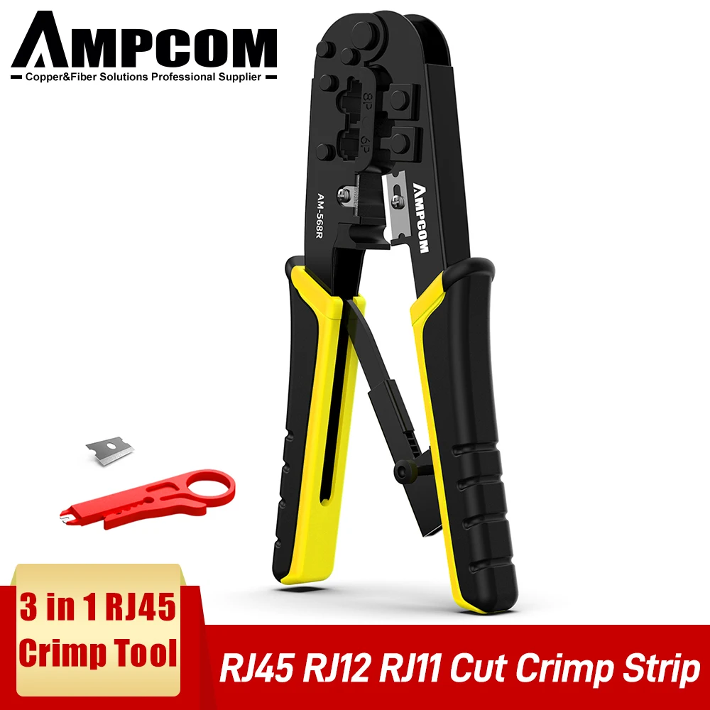 

AMPCOM RJ11 RJ45 Ratchet Crimping Tool Ethernet Network LAN Cable Crimper Cutter Stripper Plier Modular 8P RJ45 and 6P RJ12 RJ11