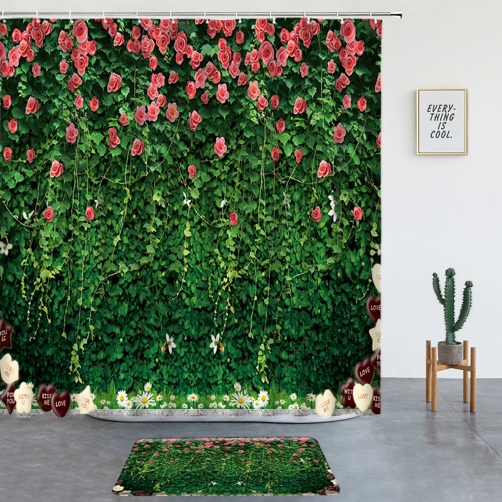 

Flower Plant Scenery Shower Curtains Set With Rugs Room Decoration Bath Mats Bathroom Screen Entrance Door Mat Garden Wall Cloth