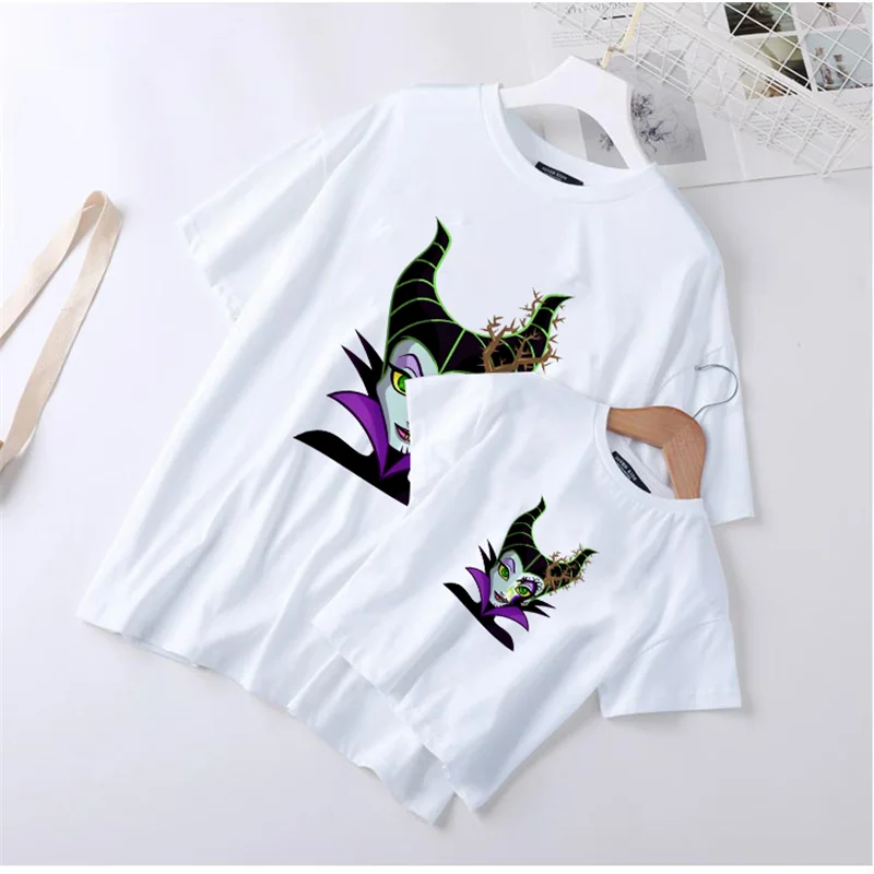 

Family Matching T Shirts Summer Short Sleeve Casual White Tshirts Maleficent Disney Princess Printed Cute Mommy And Me Clothes