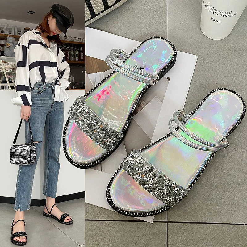 

2021 Women Sandals Fashion Bling Sandals Women Summer Fashion Party Shoes Open Toe Flat Women Dance Shoes Non-slip Ladies Sandal