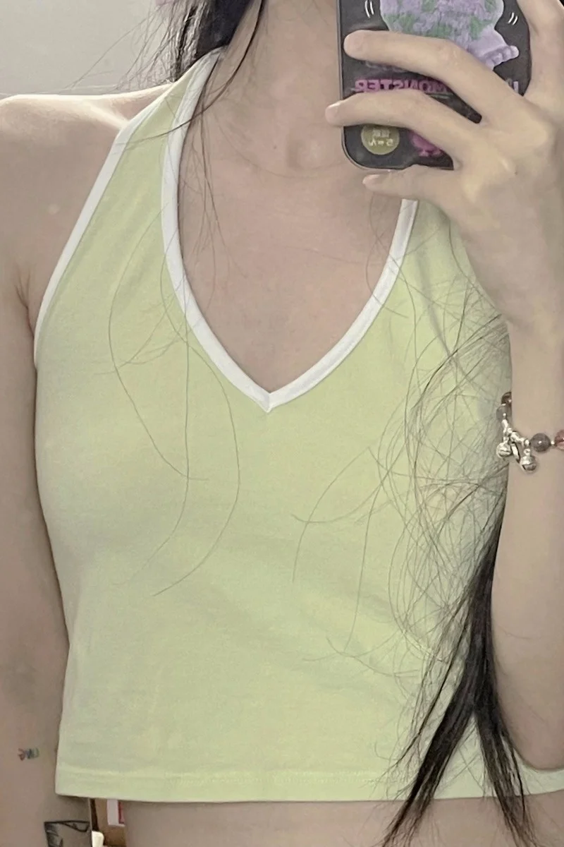 Pure Desire Vest Korean Sweet Bean Chic Avocado Hanging Neck Open Back V-neck Top Female | Женская одежда
