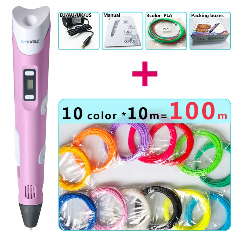 Pink pen Package 2 Myriwell 3d Ручка 3d ручки, светодиодный дисплей, ABS/PLA нити, подарки для детей зарядка через USB, 3 d Ручка 3d модели Smart 3d печать pen-3d Волшебное перо - Цвет: Pink pen Package 2