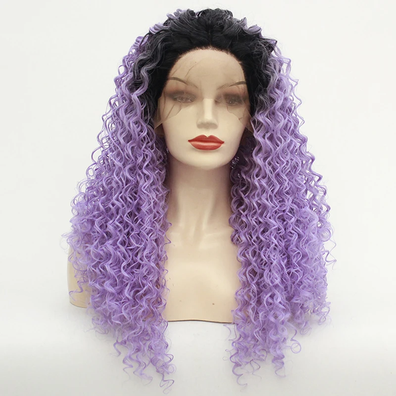 

Темный корень Омбре светильник фиолетовый длинный афро кудрявый парик для черных женщин косплей синтетический парик на кружеве термостойк...