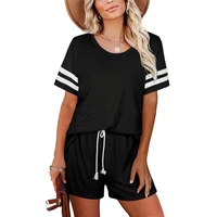 75 hot sales outfit short sleeve top drawstring short pants women stripes t shirt mid rise shorts loose tracksuit for summer