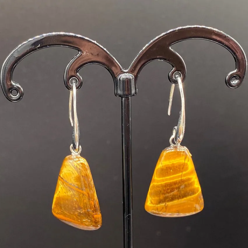 Женские Геометрические серьги-подвески с камнем тигровый глаз серебряным