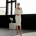 Женское простое свадебное платье до колен, элегантное короткое платье невесты цвета слоновой кости с длинным рукавом, 2022