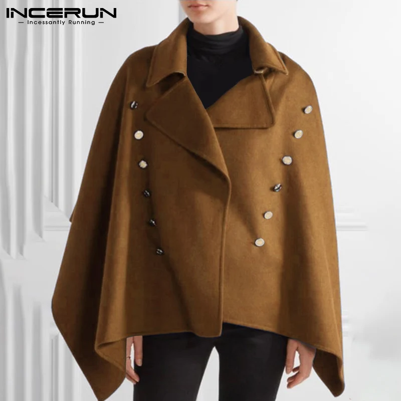 

Модная мужская накидка, однотонные двубортные повседневные мужские пончо с отложным воротником, уличная одежда 2021, необычный Тренч, искусс...