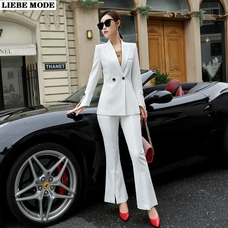 2021 Spring Black White Double Breasted Blazer Suit Women 2 Piece Sets Womens Wide Leg Pant Suits Elegant Plus Size Outfits