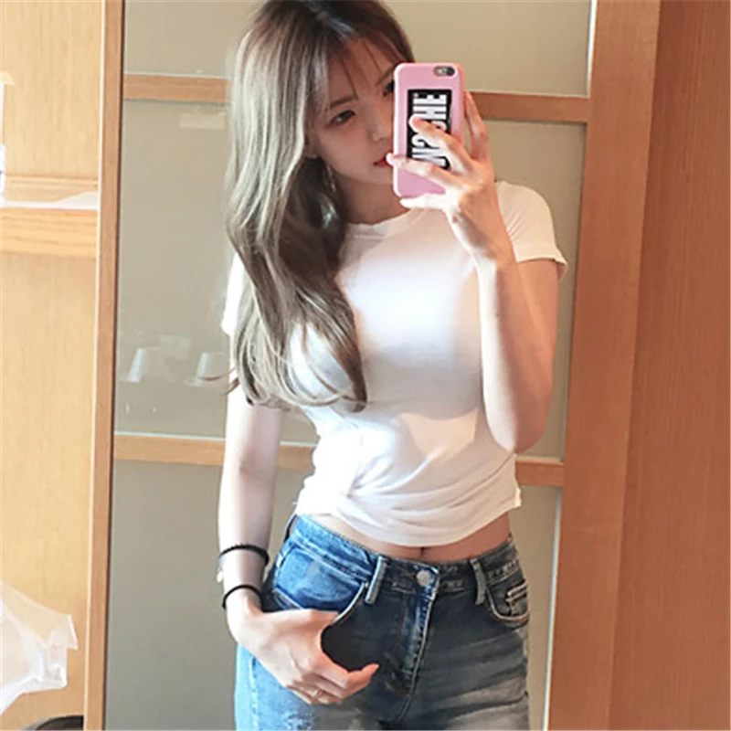 Летняя модная женская Однотонная футболка Повседневная с коротким рукавом