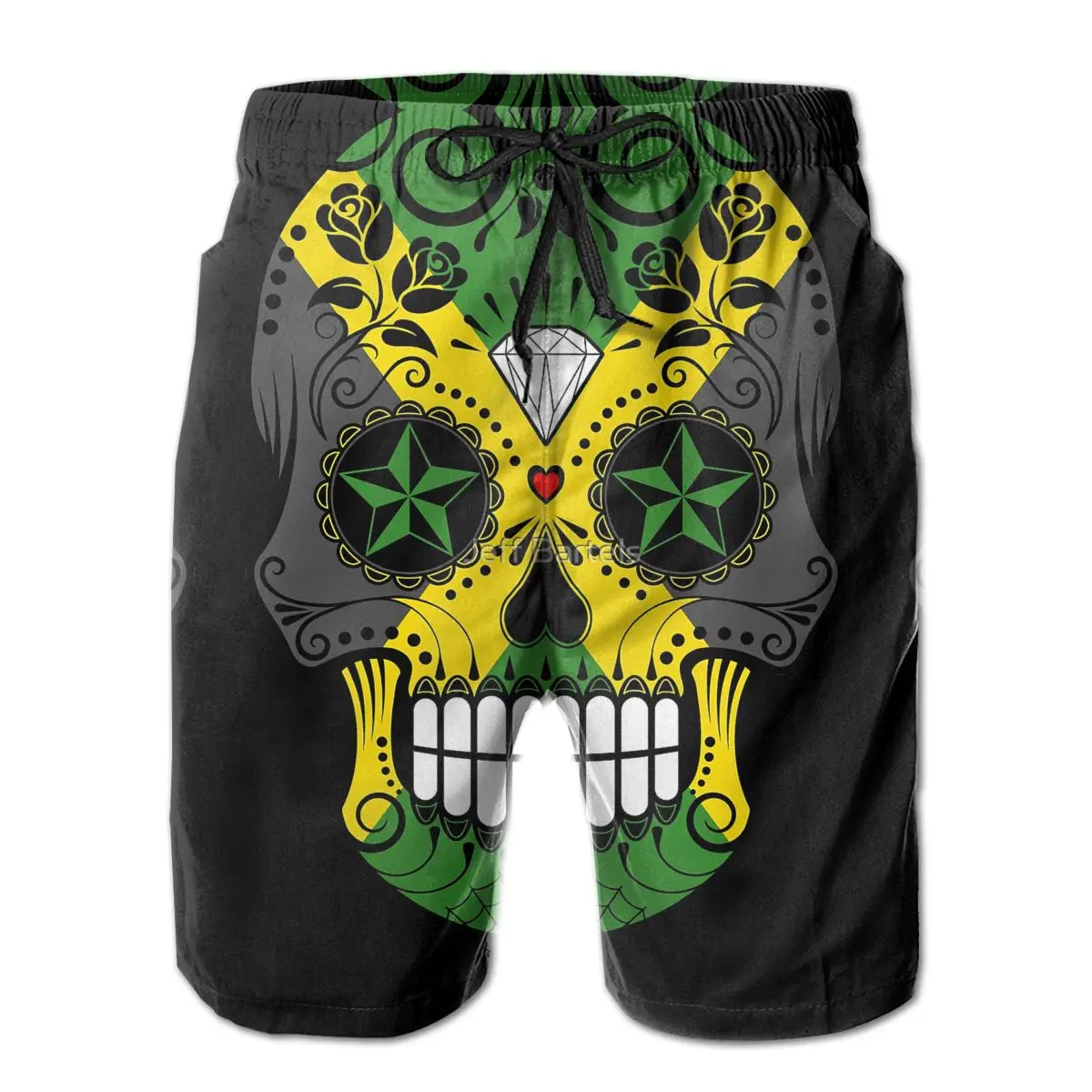 

Beach Breathable Quick Dry Funny Novelty R333 Casual Sugar Skull With Roses And Flag Of Jamaica Male Shorts