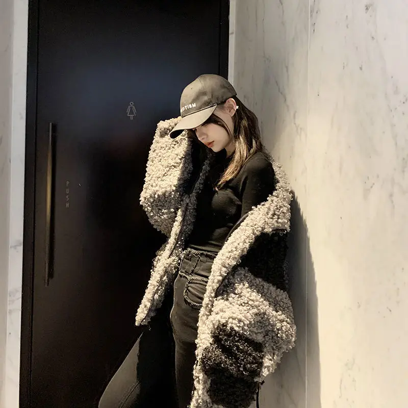 

Mohair Lazy Coat Women 's Fashionable Ins Winter Grain Lamb Wool Korean Style Cotton -Padded Jacket Thickened Large Size