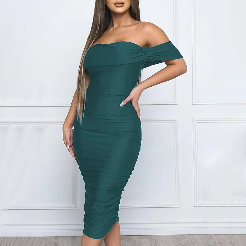 

european All Drop Shipping New Trendy Draped Sexy Off The Shoulder Short Sleeves Wholesale Celebrity Party Club Satin Dress