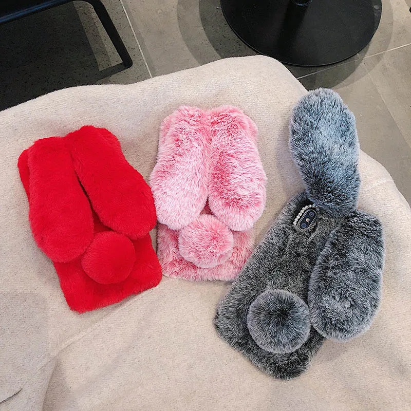 Fur Plush Cute Warm Rabbit Ears Phone Case For OPPO Realme X7 XT X2 Pro C25 C21 C15 C12 C11 C3 Reno 5F 4Z A5 A9 A31 A53 A15 A54