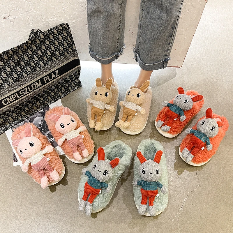 

New Cartoon Ladies Cotton Slippers Cute Bunny Indoor Warm Shoe Fashion Furry Muller Shoe Platform Fur Slides Flat Slippers Women