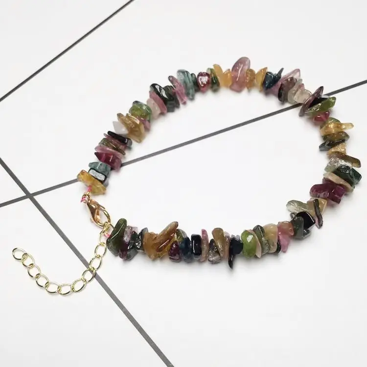 Natural rainbow tourmaline chips beads bracelet irregular crystals stone bracelet link chain jewelry 1pc dropshipping