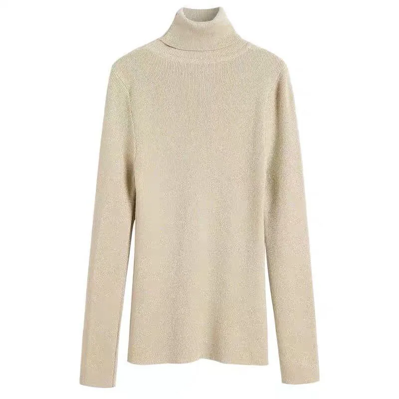 Блестящий облегающий топ с высоким воротником свитер женский осенне-зимний