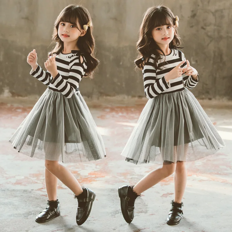 Повседневное Хлопковое платье для больших девочек Сетчатое в полоску с длинными