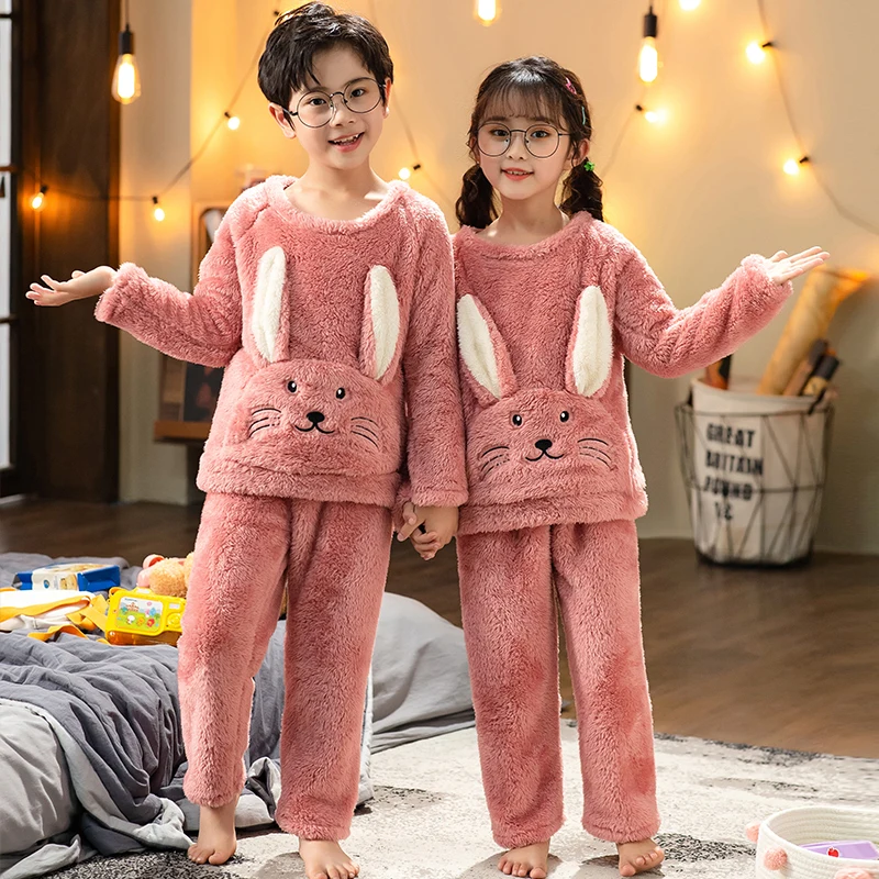 2022 Winter Children Plush Pajamas Warm Flannel Sleepwear Boys Girls Loungewear Coral Fleece Kids Pijamas Homewear Pyjama Set