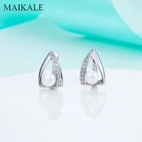 maikale new fashion gold triangle cubic zirconia earrings with pearl stud earrings for women jewelry gift statement