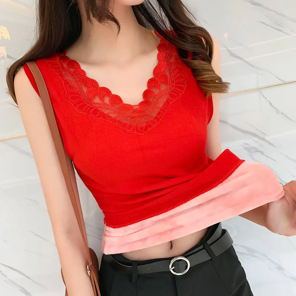

Women 2021 Autumn Winter New Velvet Thick Tanks Tops Female Sexy Lace V-neck Vest Ladies Thermal Underwear Slim Vest M791