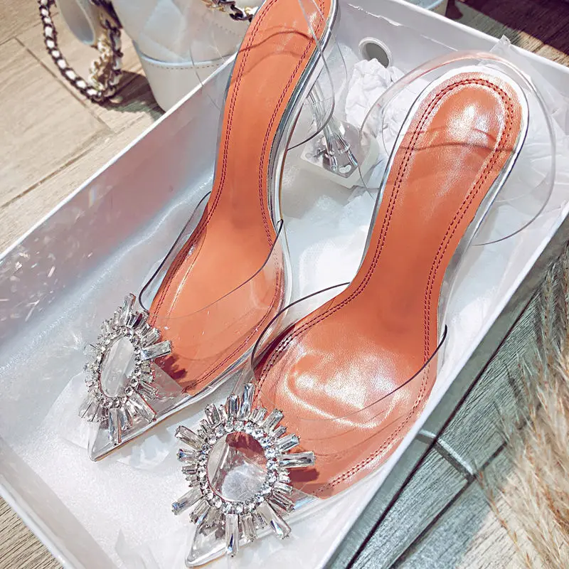 

Women Pumps Elegant Pointed Toe Rhinestones High Heels Wedding Shoes Crystal Clear Heeled Slingback Pumps Sandals Sexy Heels