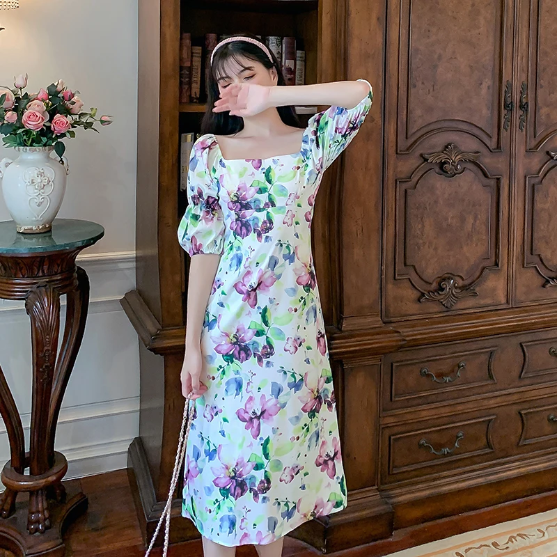 

Women Midi Vintage Linen Dress Summer 2020 Runway Elegant Retro Korean Warp Dress Korean Boho Tropical Party Vacation Dresses