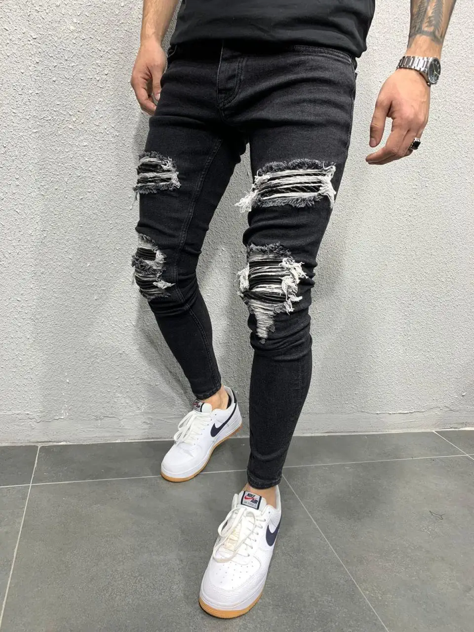 

Premium Double Fold Biker Ripped Skinny Mens Jeans - Black