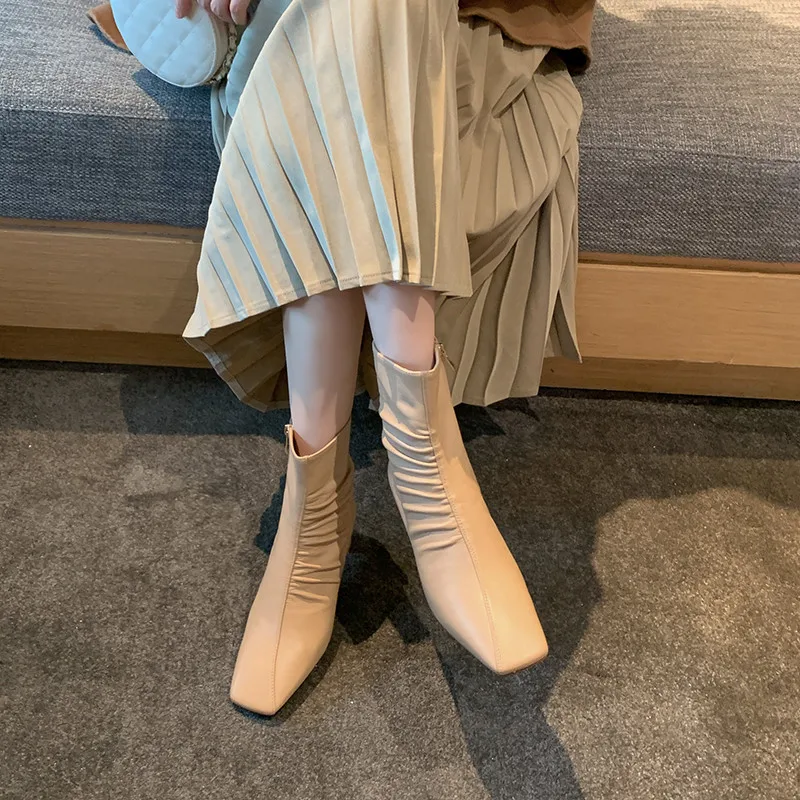 

Smirnova 2020 Genuine leather boots thick high heels square toe ladies shoes autumn winter solid color ankle boots women