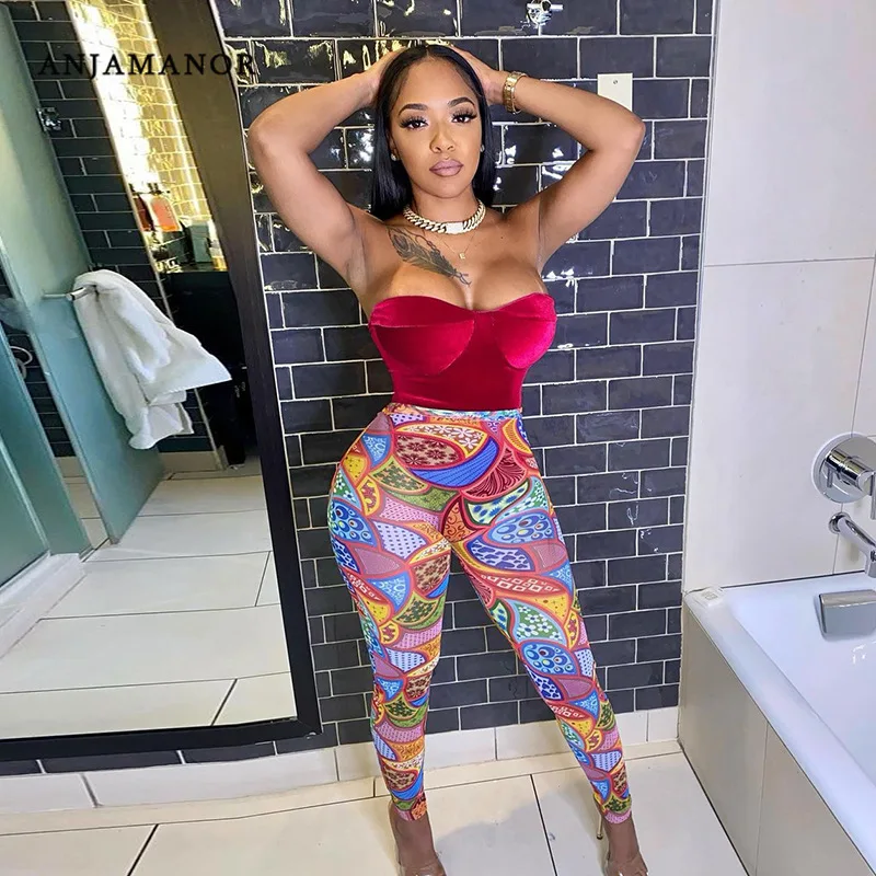 

ANJAMANOR Colorful Printed Workout Leggings Tights Sexy Nightclub Pants Women V Cut High Waist Trousers Sports Wear D85-BC18