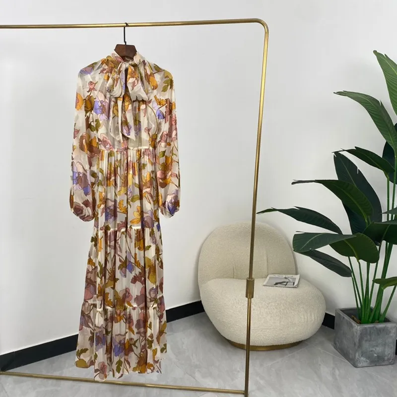 

High Quality Women Fashion Floral Print Self Tie Half High Collar Long Sleeve Mid-calf Dresses New Summer 2021