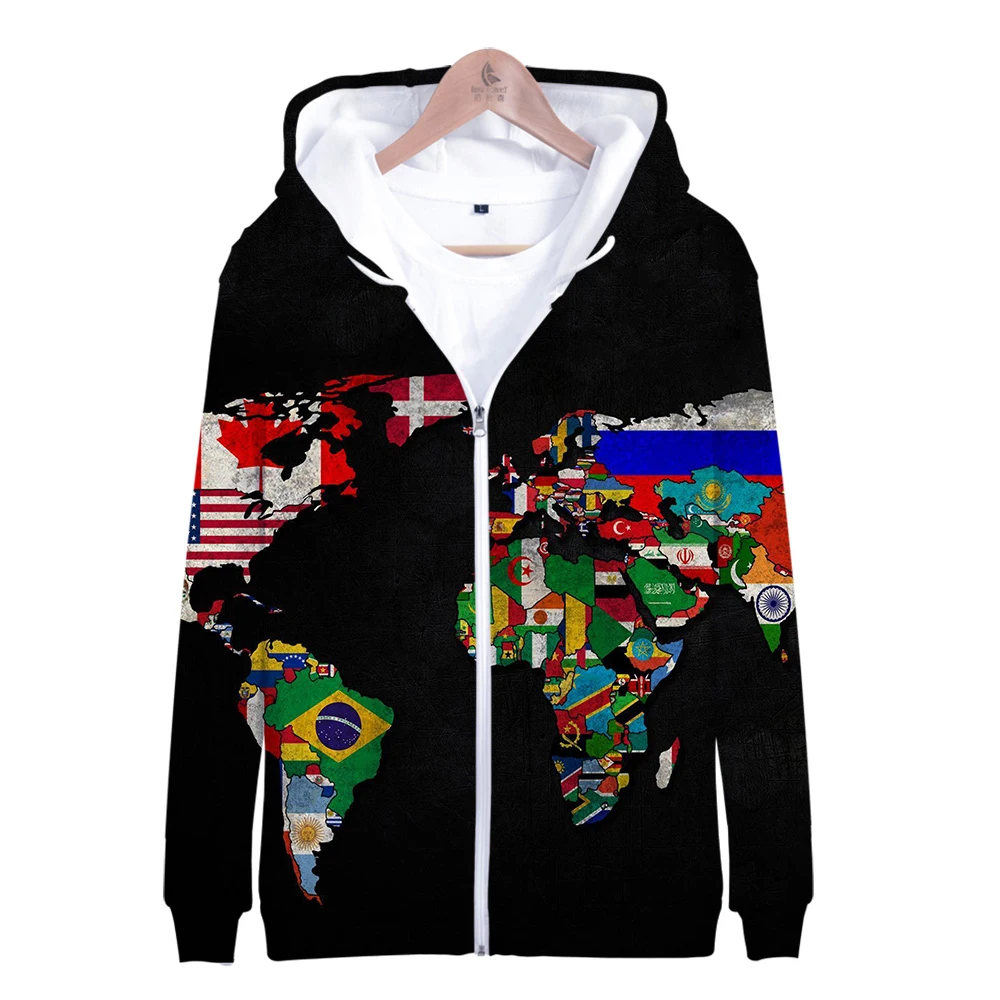 

Be Well Received Classic Personality Creative Novelty Zipper Earth Map Design Men And Women Zip Hoodie